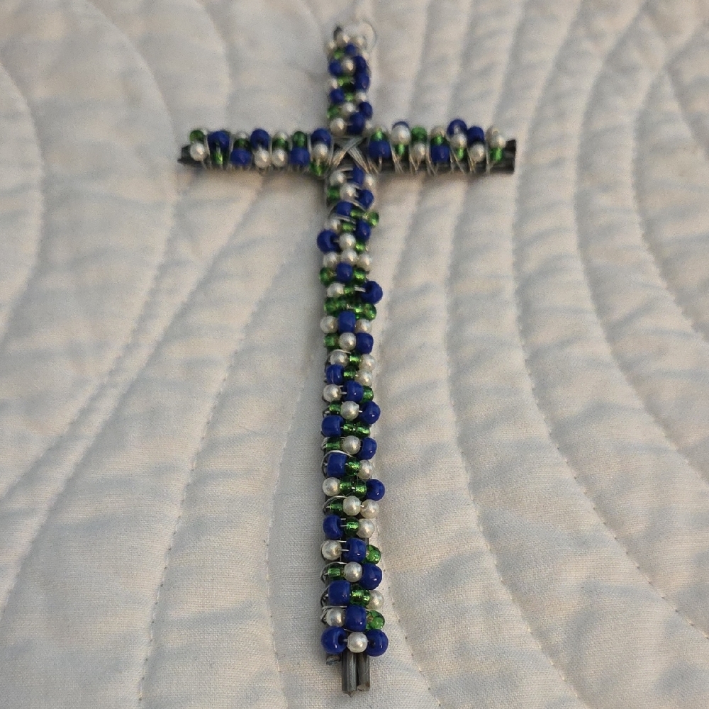 Hand Beaded Cross Pendant with Blue and Green Accents